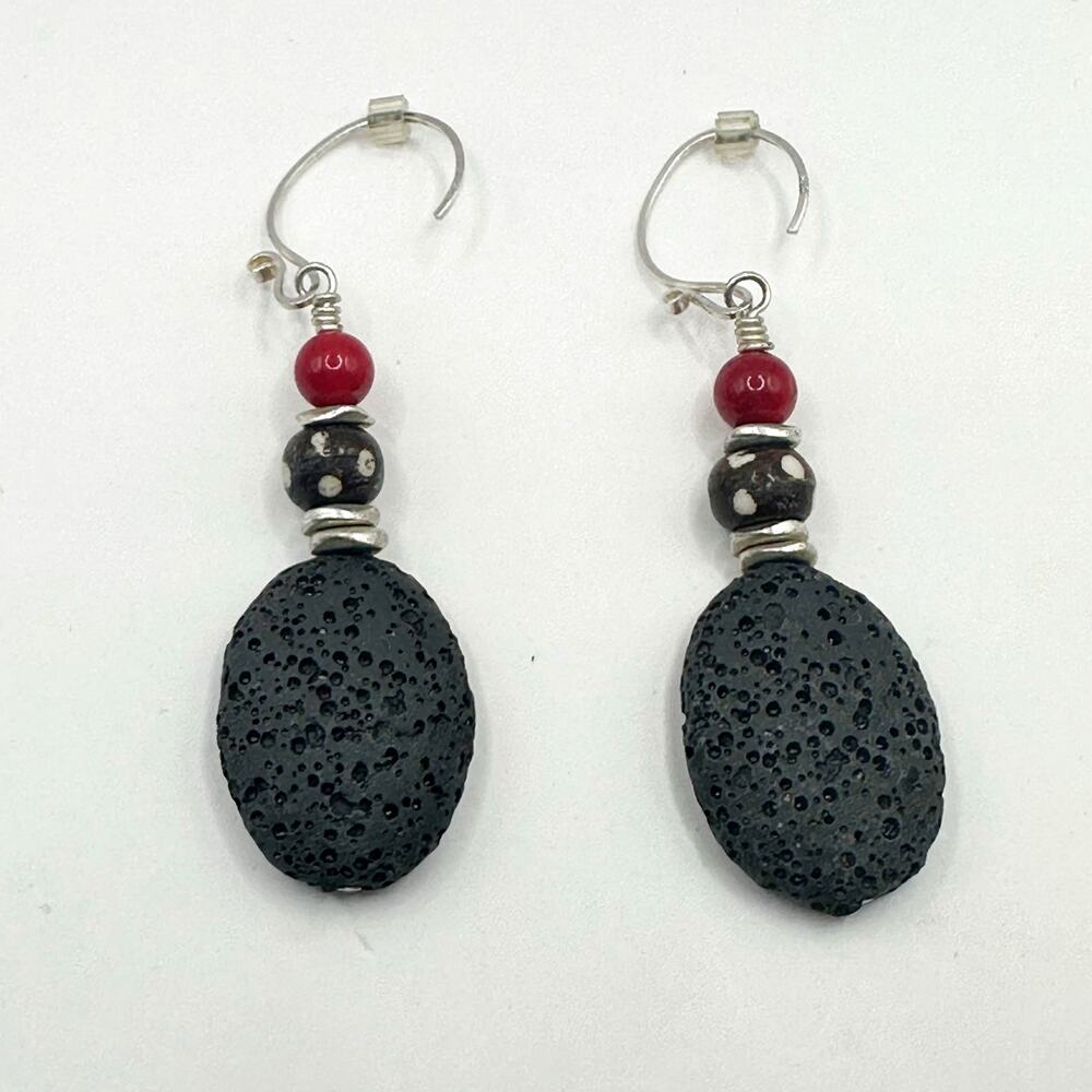 925 Earrings Sterling Silver Artisan Pierced Drop Dangle Beaded Lava Beads brown